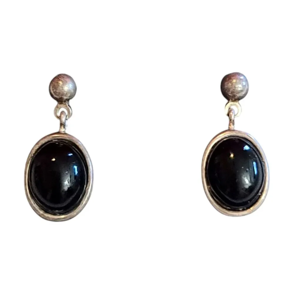 Vintage 925 Sterling Silver Black Onyx Oval Dangle Post Earrings